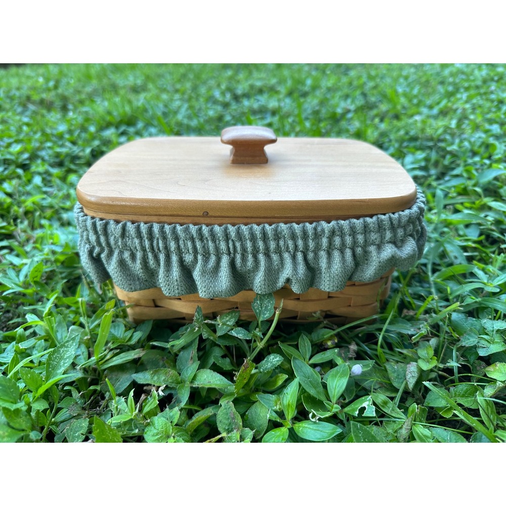 Longaberger Handwoven Basket with Wood Lid and Sage Green Fabric Liner